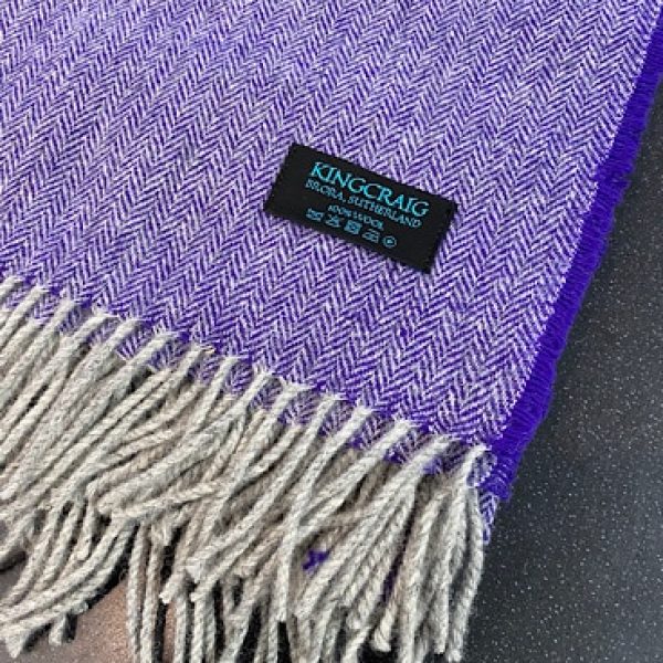 Very Soft Top Quality 100% Wool, Herringbone Weave Throw - Grey Warp with a Purple Weft