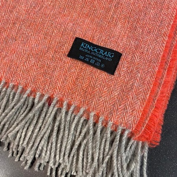 Very Soft Top Quality 100% Wool, Herringbone Weave Throw - Grey Warp with a Muted Orange Weft