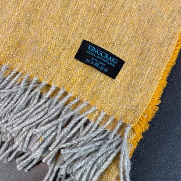 Very Soft Top Quality 100% Wool, Herringbone Weave Throw - Grey Warp with a Muted Mustard Weft