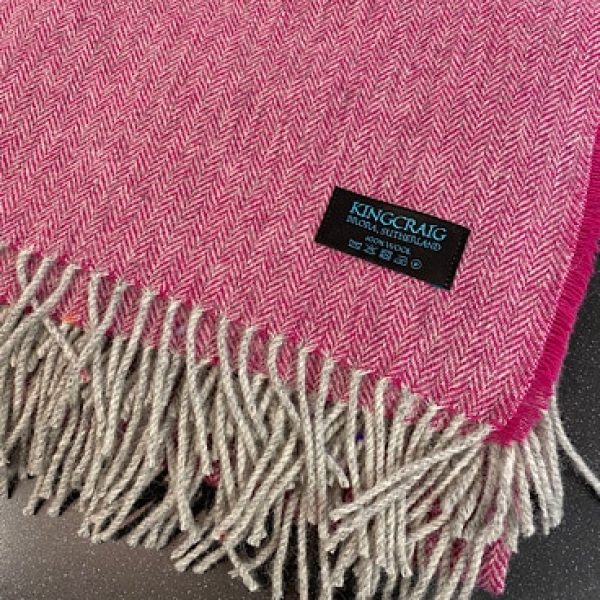 Very Soft Top Quality 100% Wool, Herringbone Weave Throw - Grey Warp with a Cerise Weft